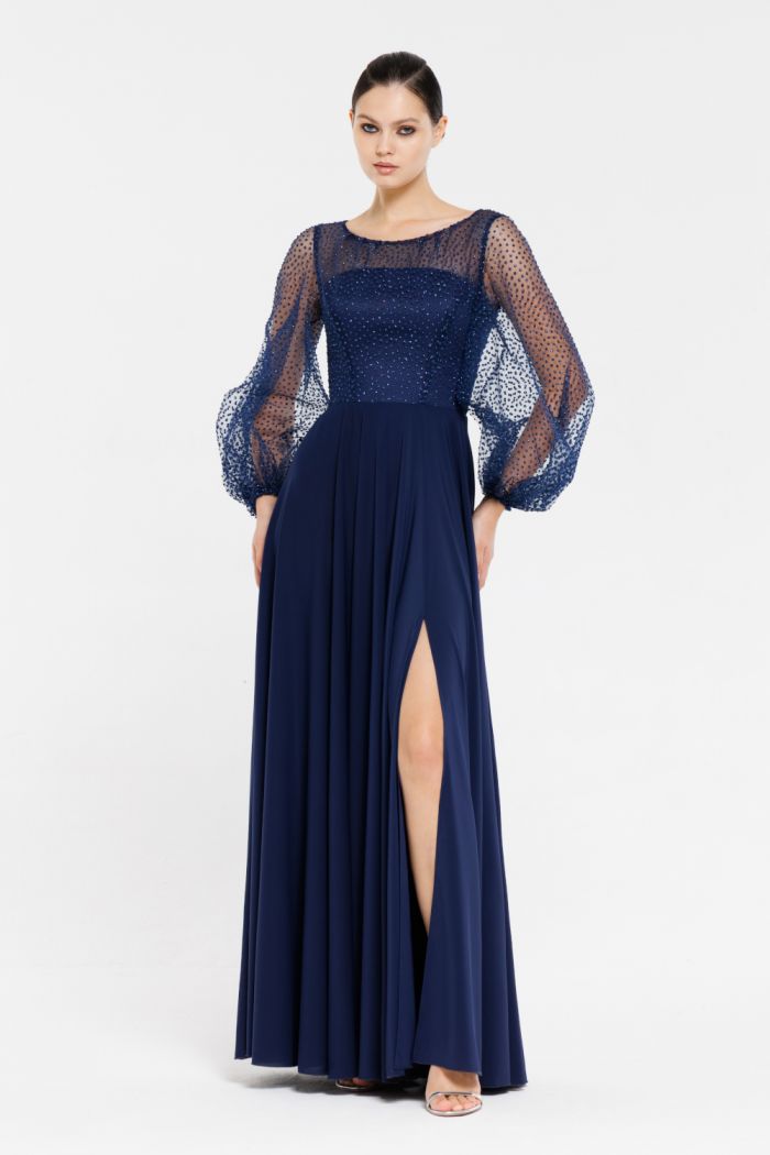 Вечернее платье с блестящим лифом с рукавом и длинной шифоновой юбкой - ЗЕНДАЯ