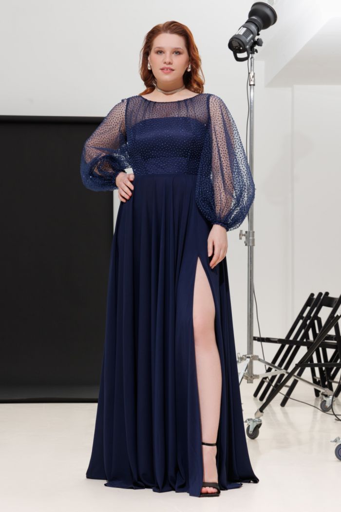 Вечернее длинное платье с блестящим лифом с рукавом большого размера - ЗЕНДАЯ