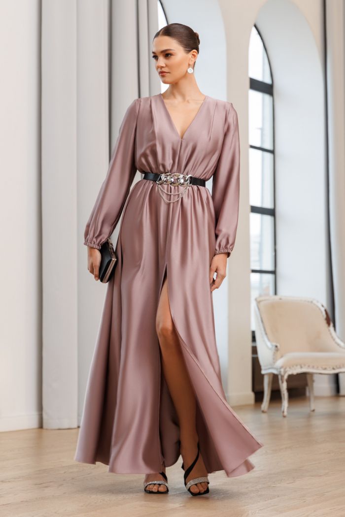 Вечернее длинное платье с перламутровыми бликами и высоким разрезом  - Арлетт