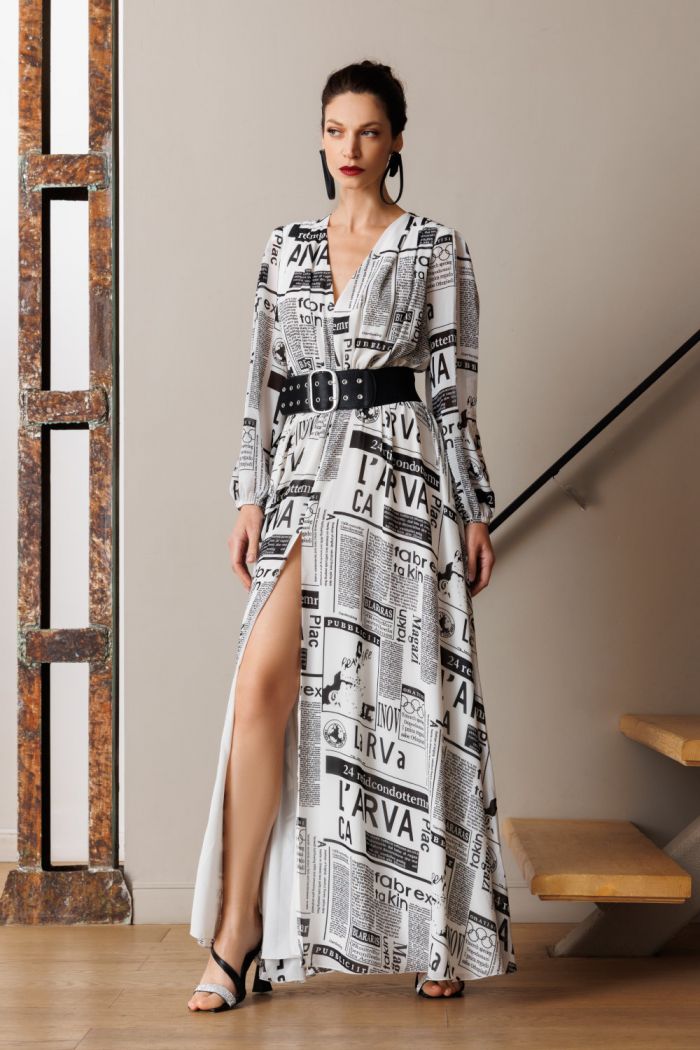 Дизайнерское вечернее платье в пол из шифона с длинным рукавом - Асти