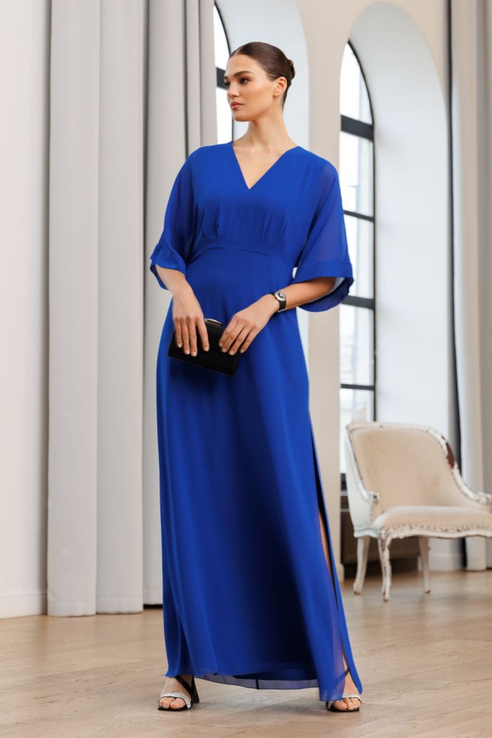 Элегантное прямое длинное платье с рукавом и боковым разрезом - Ясмин