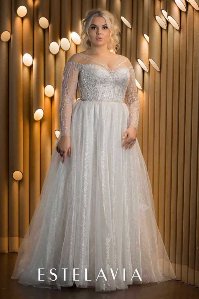 Свадебное платье на корсете большого размера с глиттерной юбкой и расшитым длинным рукавом АЛИОНА
