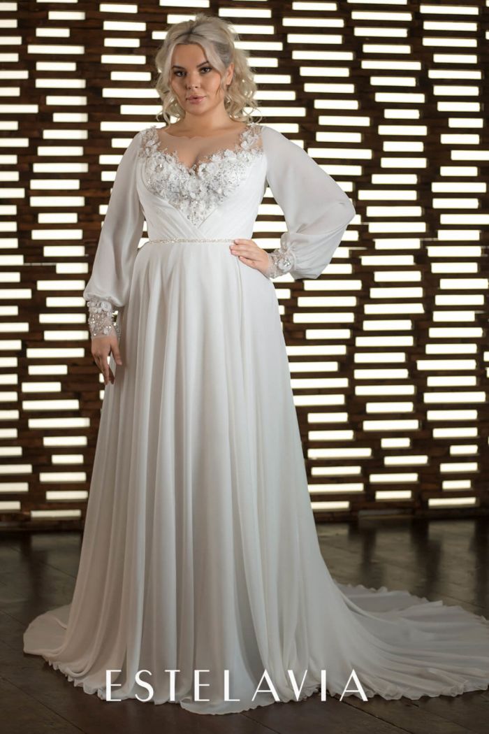 Свадебное платье с кружевным лифом, с рукавом и шлейфом - ЭСТЕРА
