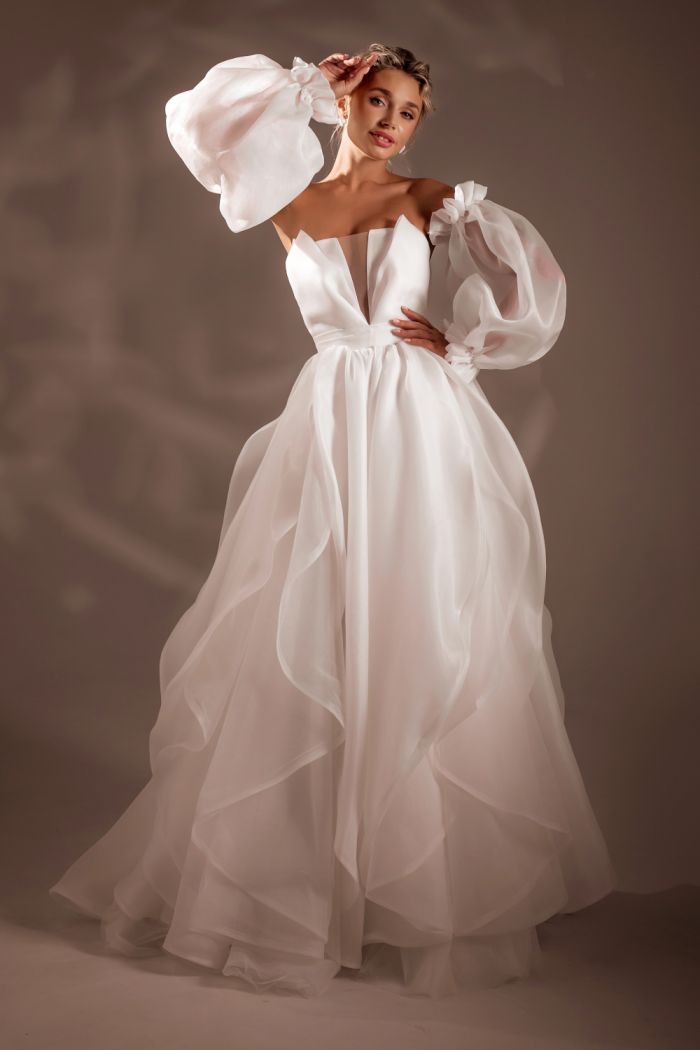Пышное свадебное платья А-силуэта из матовой органзы с воздушными рукавами - ИДЖЕРН