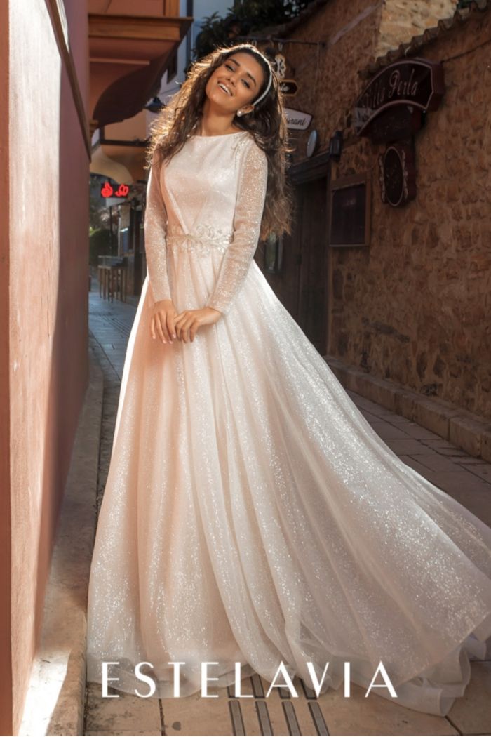 Свадебное закрытое глиттерное платье с кружевами с длинным рукавом и шлейфом - КЭМИ