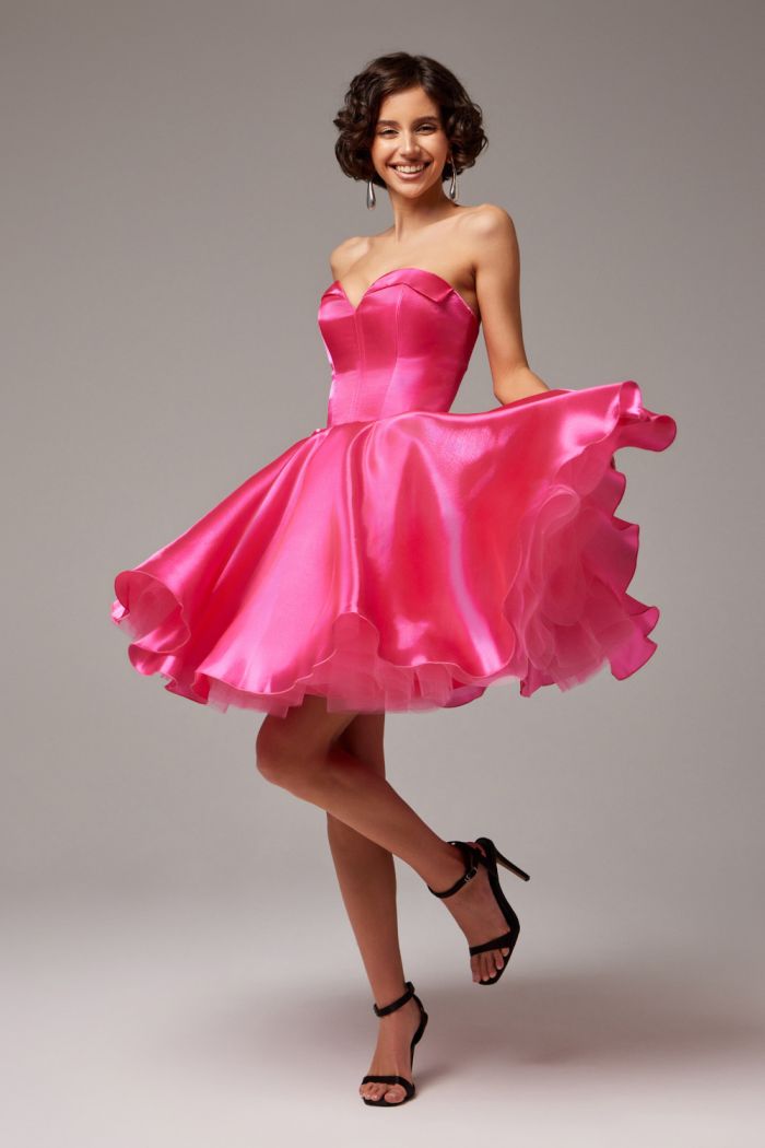 Корсетное пышное платье мини длины с открытыми плечами розового оттенка - ШАЙЛО