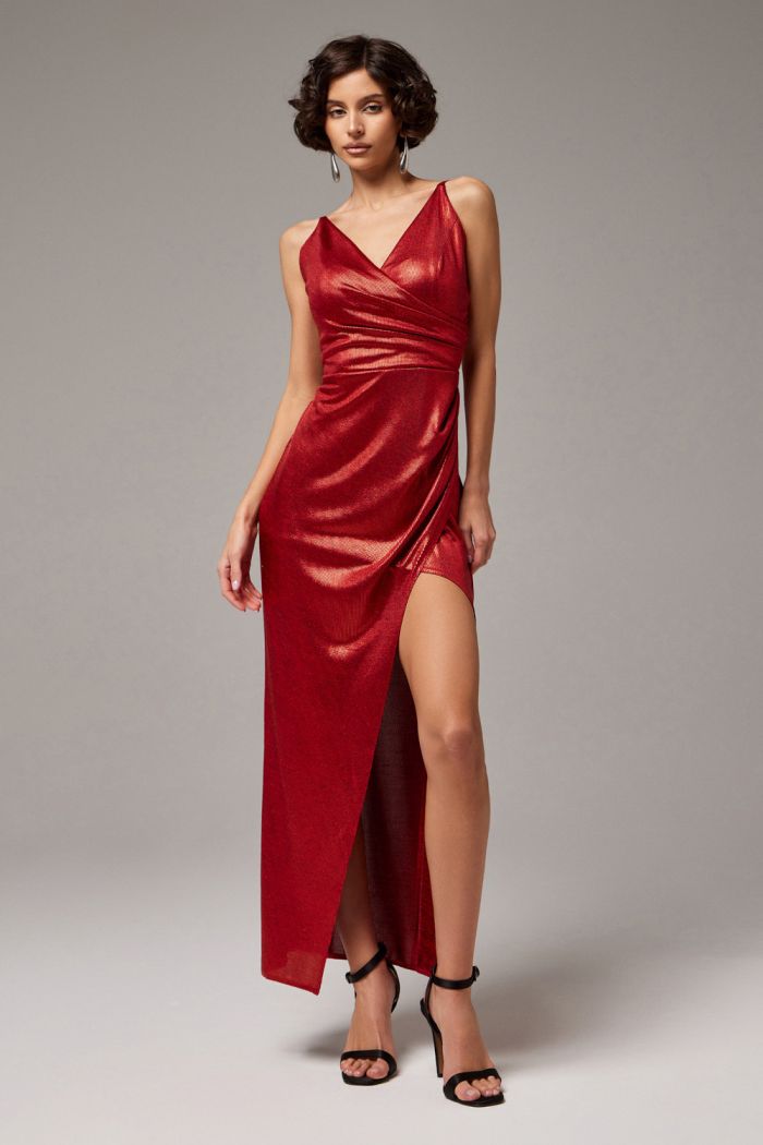 Красное вечернее платье на тонких бретелях с разрезом по ноге - ТЭМСИН