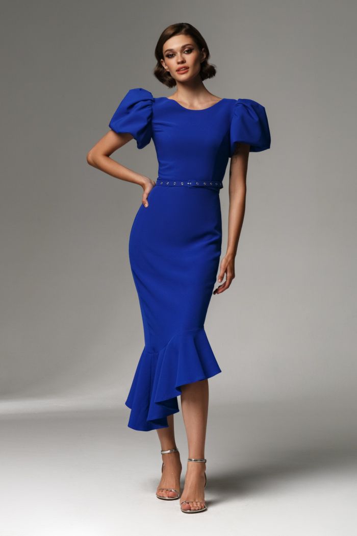 Модное коктейльное синее платье с коротким рукавом миди длины с воланами - ЭШЛИ
