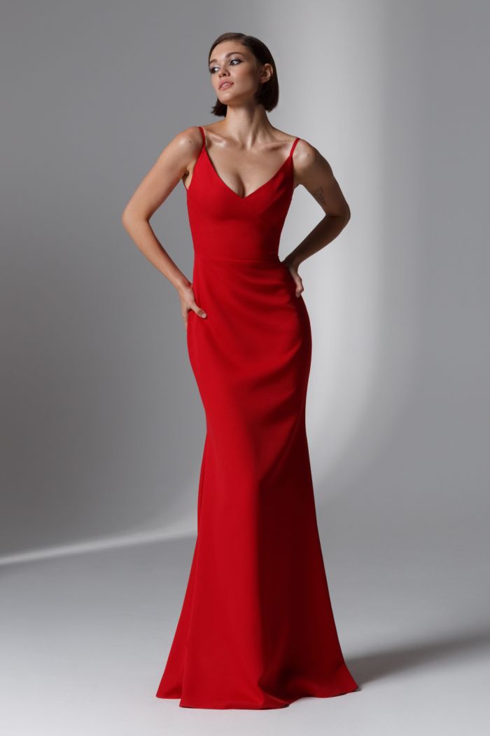 Вечернее красное платье силуэта рыбка на бретелях - ДАНА