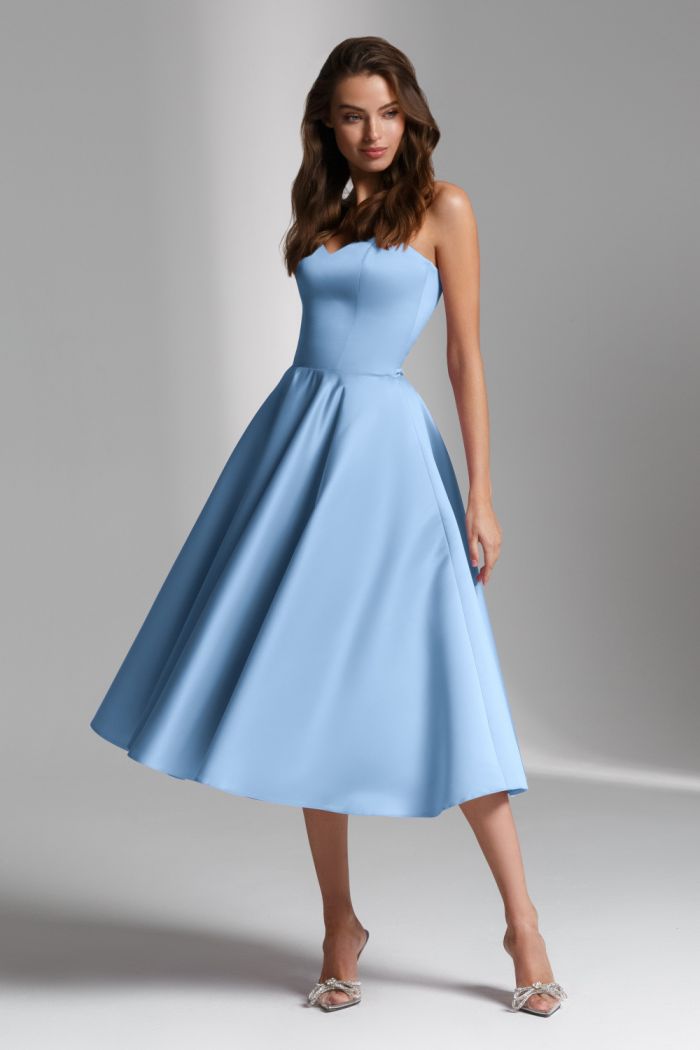 Голубое коктейльное открытое платье миди длины со съемным рукавом - ДЕМИ