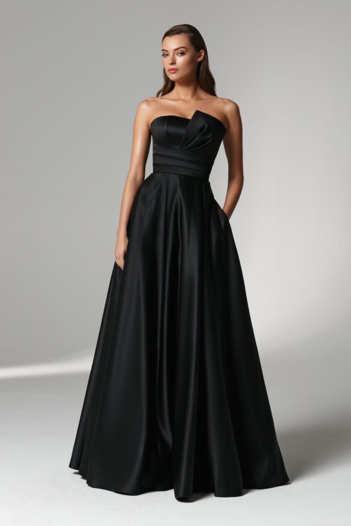 Черное открытое атласное платье в пол на корсете  - ИМАН