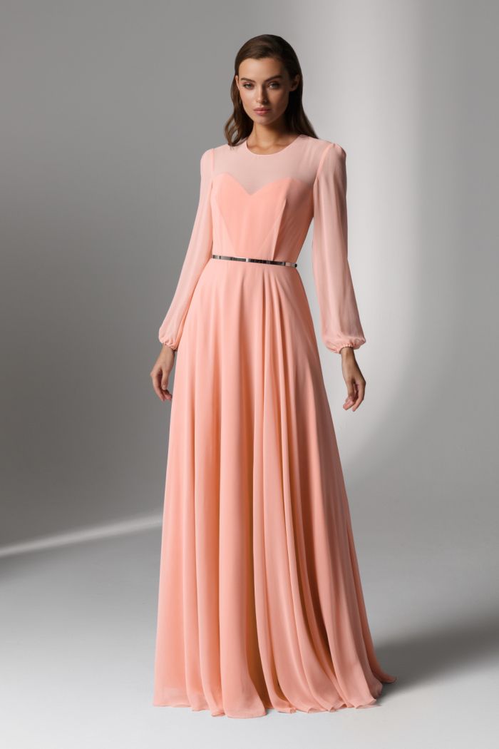 Длинное вечернее платье нежного персикового оттенка с длинным рукавом - ЛИАМ