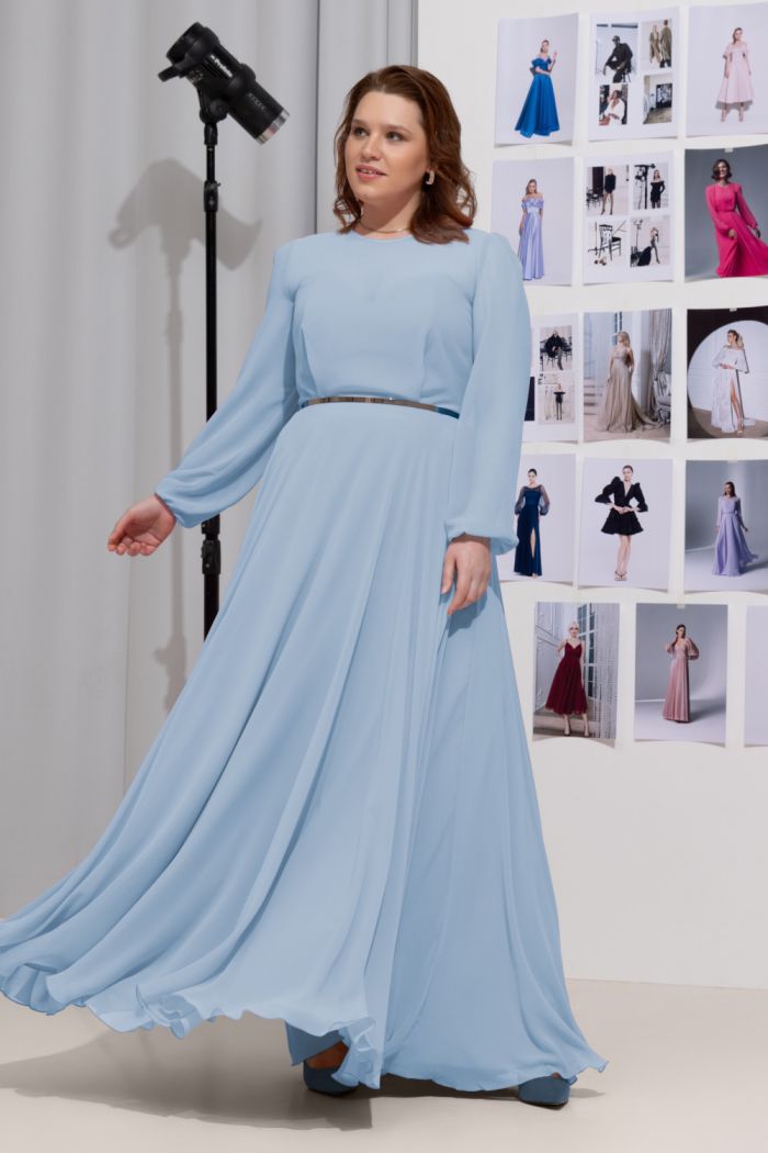 Голубое легкое платье в пол со скрытым корсетом и рукавом - ЛИАМ