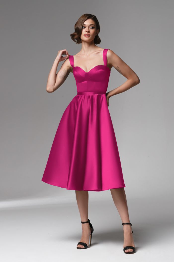 Эффектное розовое платье миди длины на лямках - ТАТИ МИДИ