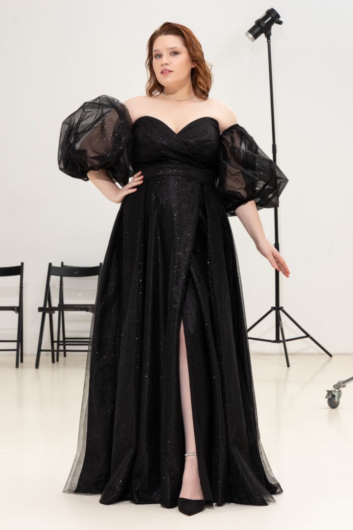 Черное блестящее платье в пол с разрезом и съемными рукавами - ВЕНДИ