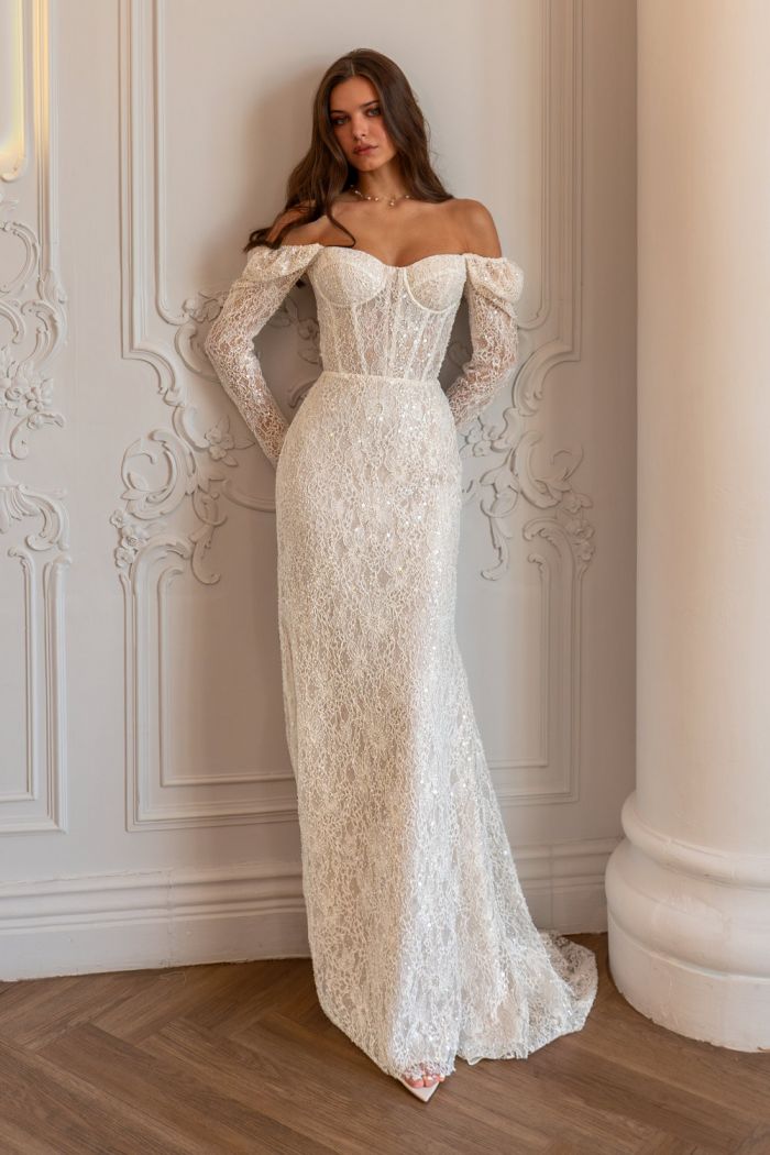 Блестящее свадебное платье силуэта рыбка из кружевной ткани с длинными рукавами - ФАБРИЦИЯ