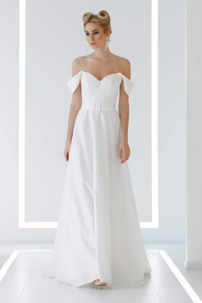 Прямое свадебное платье из атласа со спущенной линией плеч на корсете - НОРА
