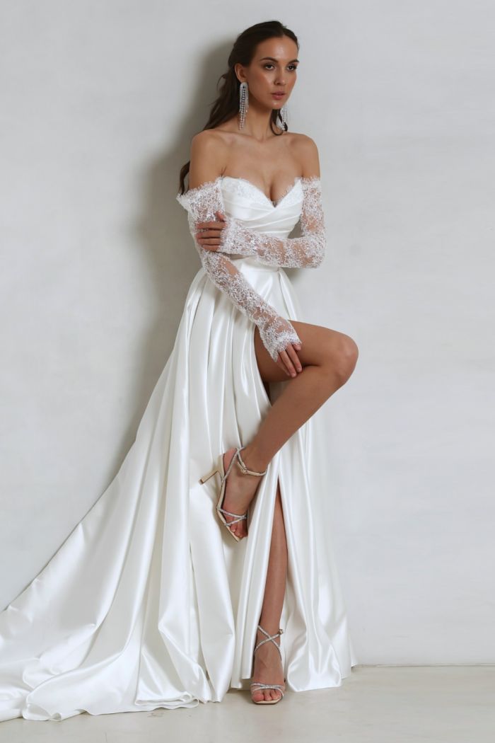 Чувственное свадебное платье А-силуэта с кружевными рукавами - БАРБАРА