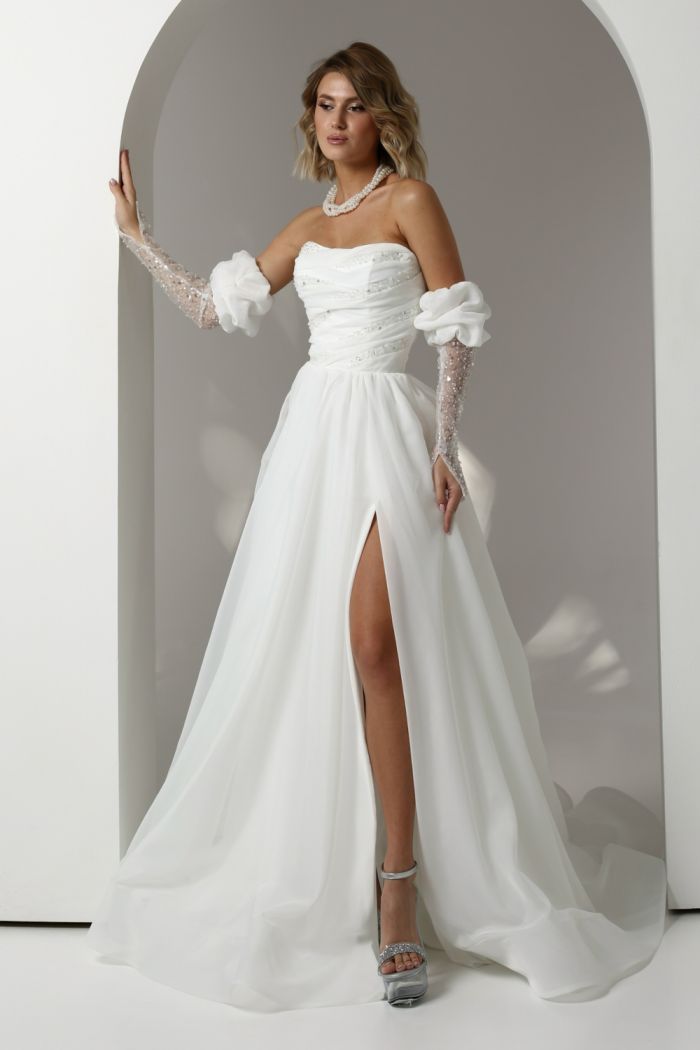 Утонченное свадебное платье А-силуэта со сверкающим открытыми корсетом и съемными рукавами - КЕЙТЛИН