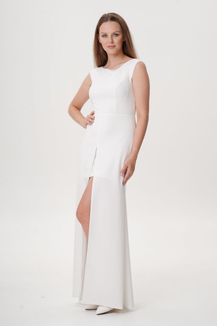 Вечернее белое платье в пол с высоким разрезом без рукава - ЛАРСОН