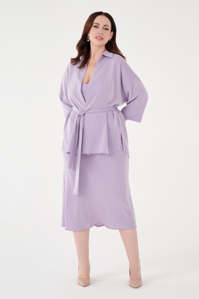 Женственное платье комбинация в комплекте с рубашкой и поясом большого размера - ЛИББЕ