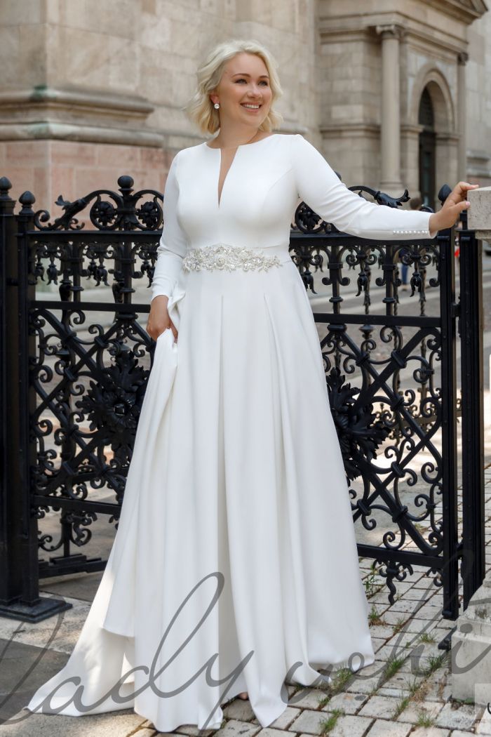 Прямое свадебное платье из мягкой ткани на корсете с рукавом и шлейфом - ЭЛИСОН