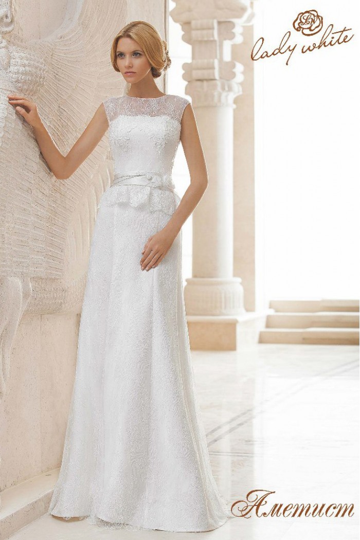 Кружевное прямое свадебное платье с поясом АМЕТИСТ