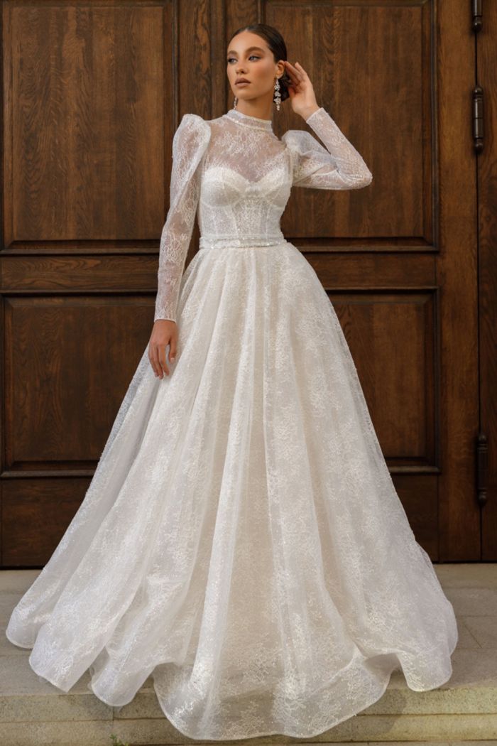 Закрытое свадебное кружевное платье с блеском и шлейфом - ФЛОРЕНС