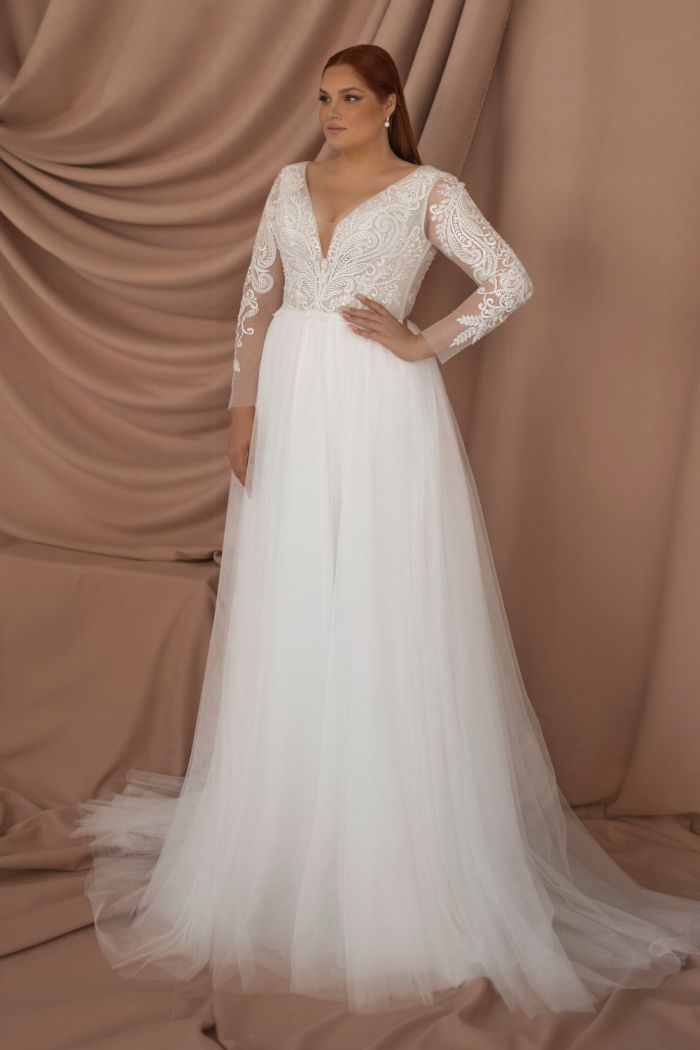 Свадебное платье большого размера с кружевным лифом - 6590