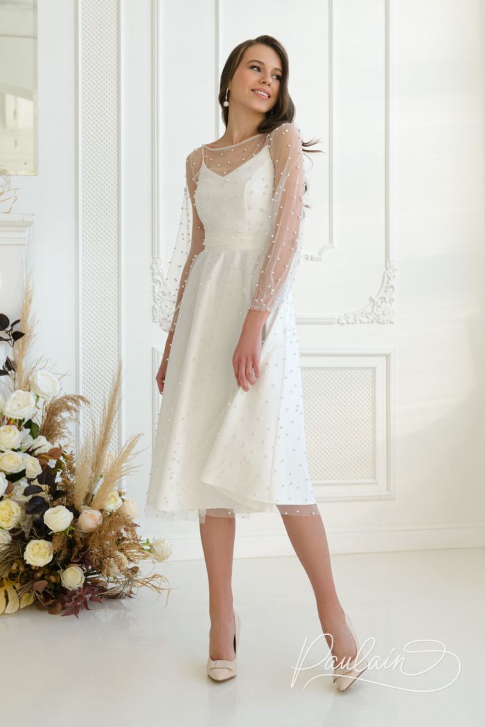 Белое короткое платье из шелка с прозрачной туникой с рукавом - ЛОВЕЦ СНОВ