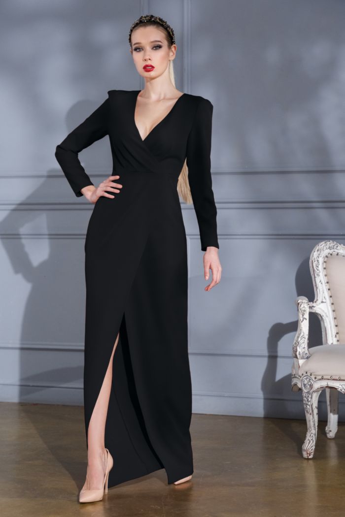 Женственное длинное черное платье с глубоким вырезом и рукавом ХОЛЛИ