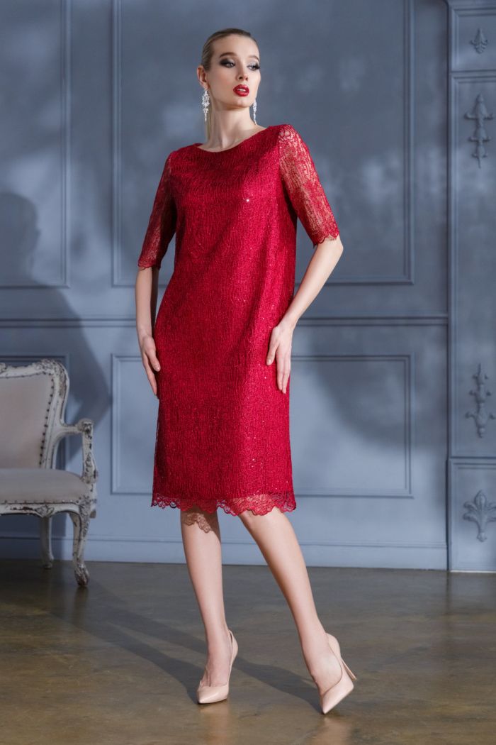 Коктейльное красное кружевное прямое платье миди длины с рукавом - РАФИНАТА