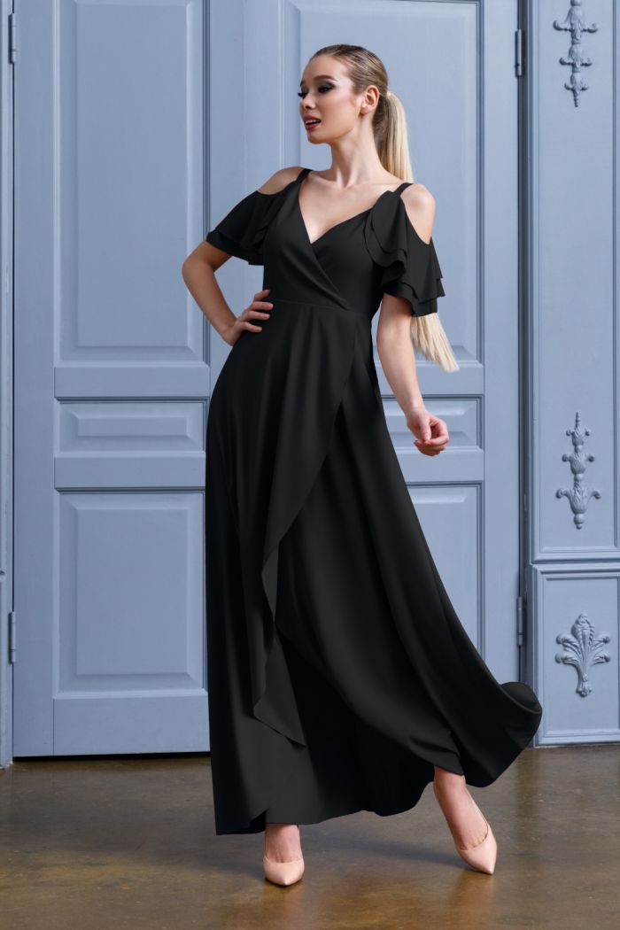 Элегантное женское длинное платье черного цвета на бретелях с коротким рукавом ТОВА