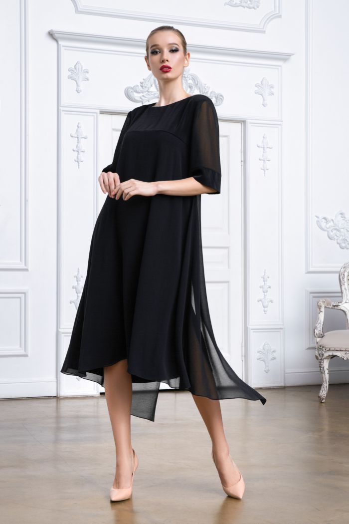 Нарядное свободное черное платье ниже колена с полупрозрачным рукавом - ТВИЛЛ