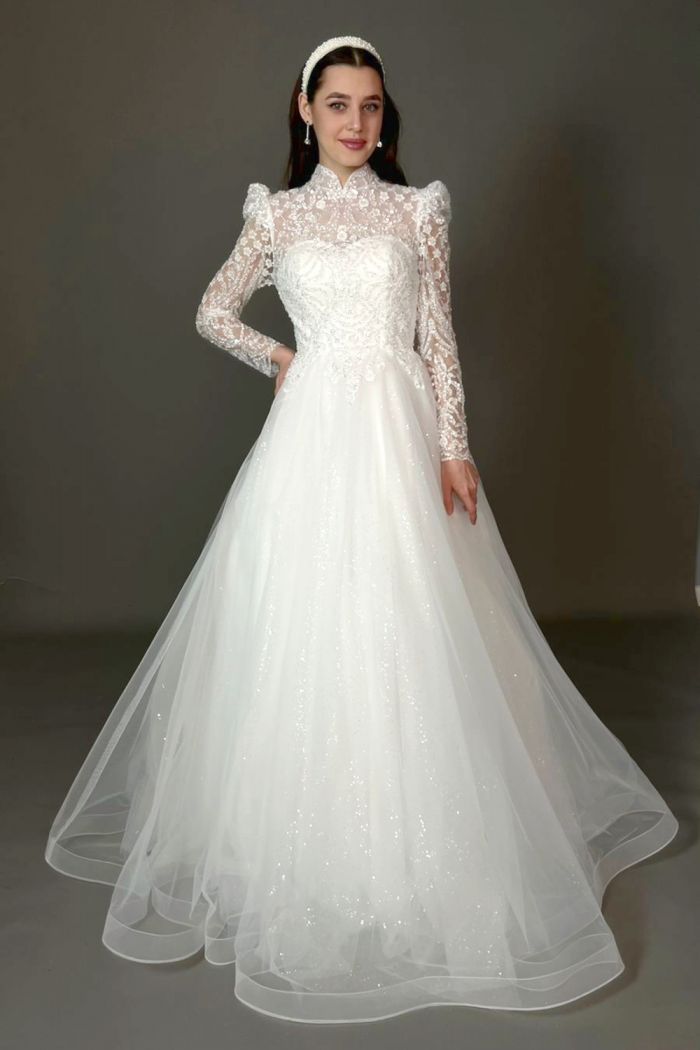 Сверкающее свадебное платье с хрустальной вышивкой с длинным рукавом - Арт 185