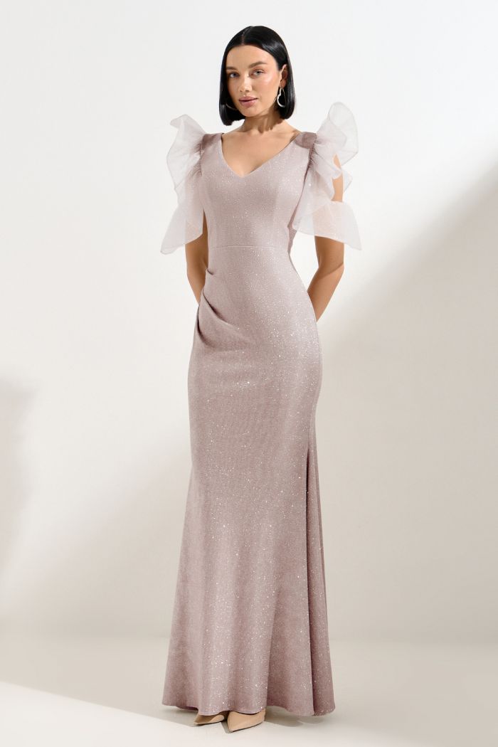 Розовое вечернее платье по фигуре из блестящей ткани с коротким рукавом и на замке - ПЕРВОЕ ВПЕЧАТЛЕНИЕ ЛАЙТ