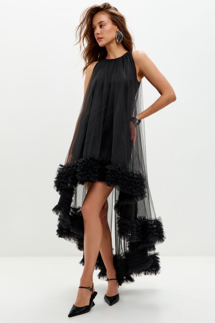 Дизайнерское вечернее платье переменной длины с воланами на юбке и без рукава - ЛИЛАС