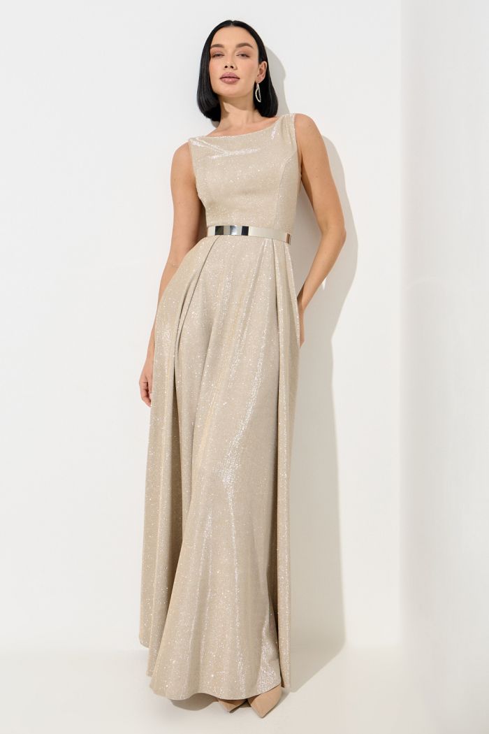 Лаконичное вечернее платье светлого оттенка без рукава и на замке - ЛУННЫЙ СВЕТ