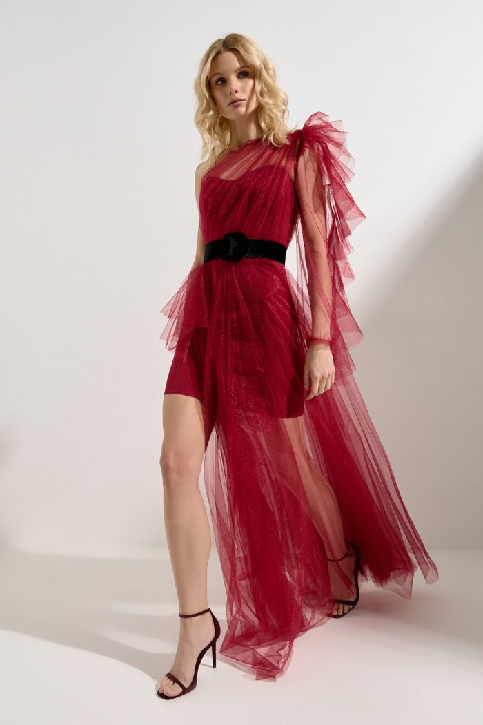 Страстное вечернее платье оригинального силуэта со съемным рукавом - НОЧНОЙ МОТЫЛЁК