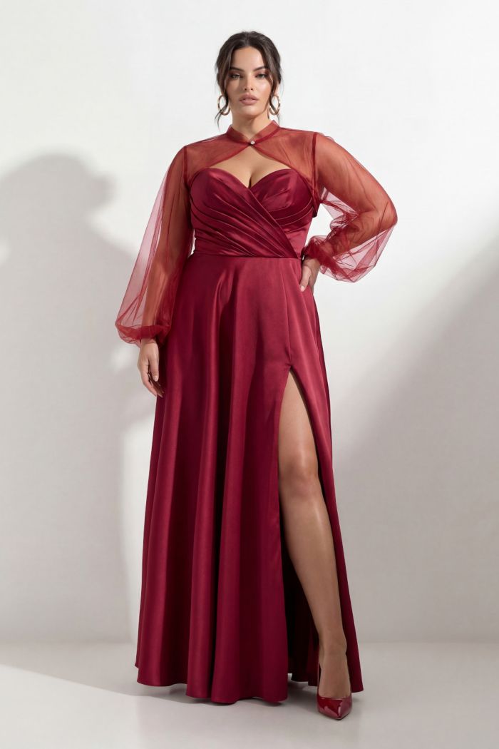 Открытое атласное платье в пол большого размера с разрезом по ноге на корсете - РОССА МАКСИ