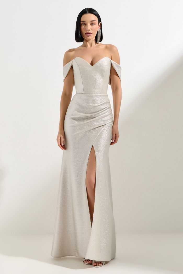 Вечернее платье из блестящей ткани с корсетом и разрезом по ноге - БЕЗ КОМПРОМИССОВ