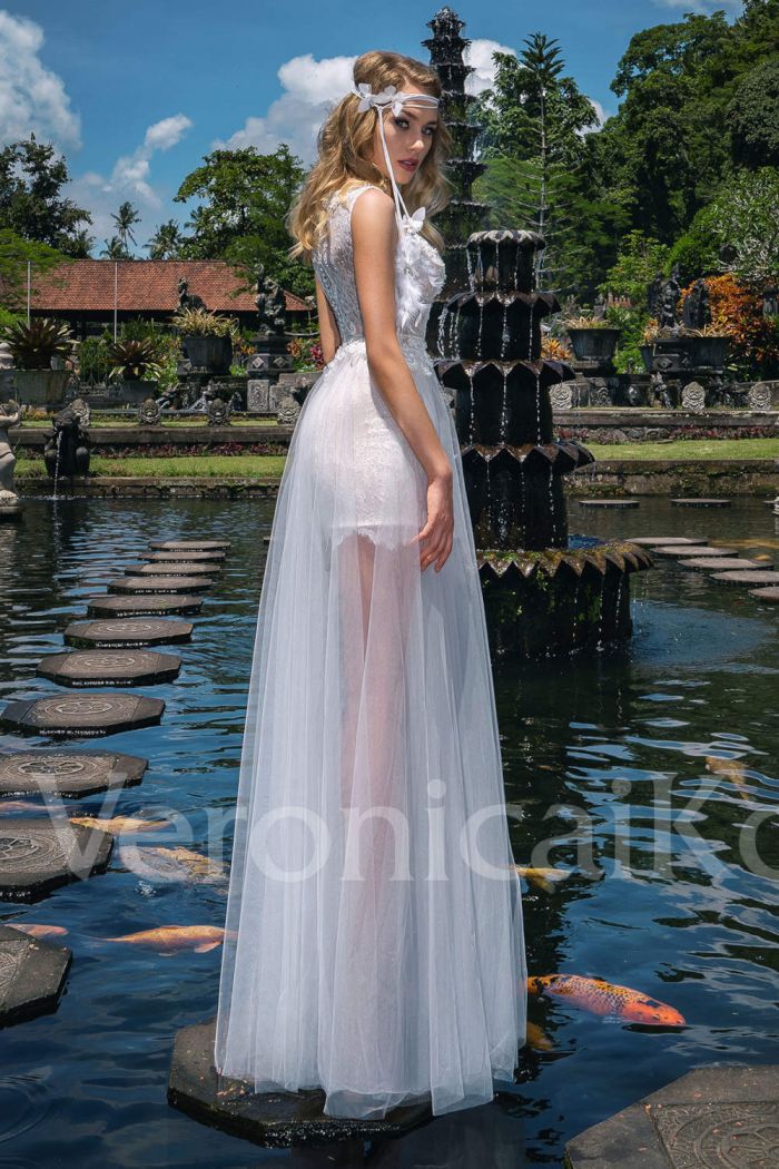Короткое свадебное платье футляр из кружева со съемной юбкой - SV 266