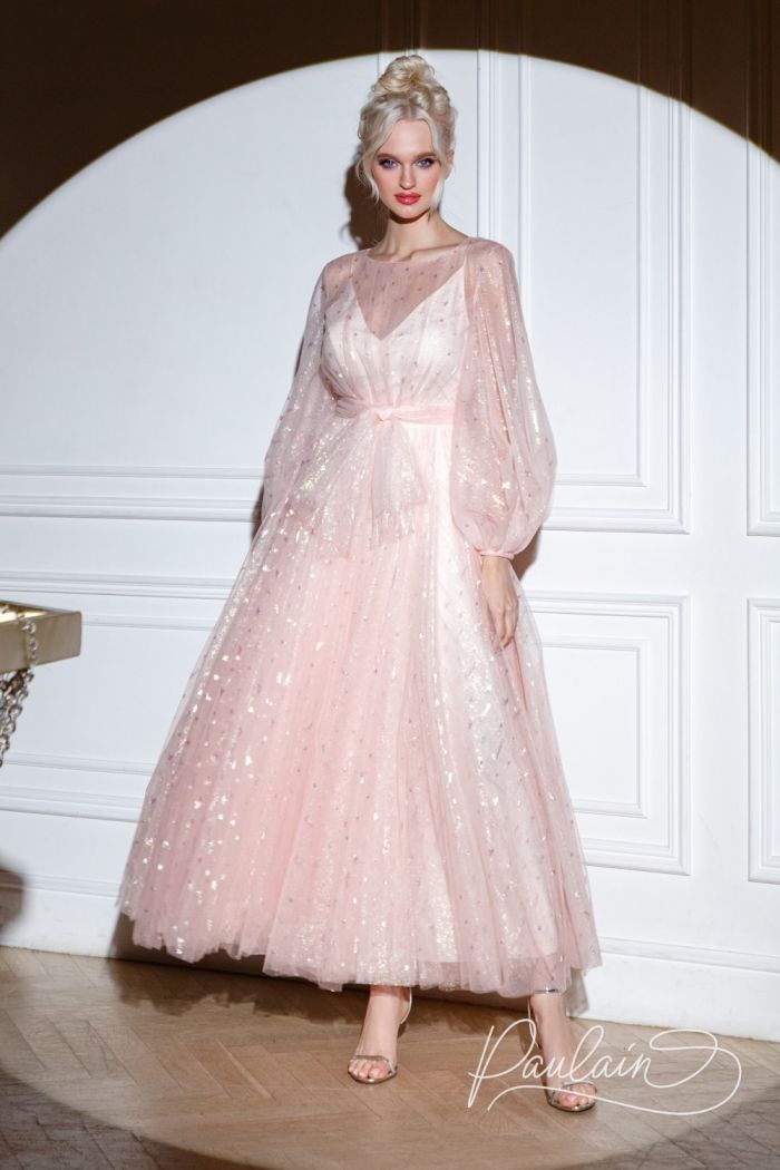 Воздушное вечернее платье розового цвета с пышной длинной юбкой - ДОМИНИК