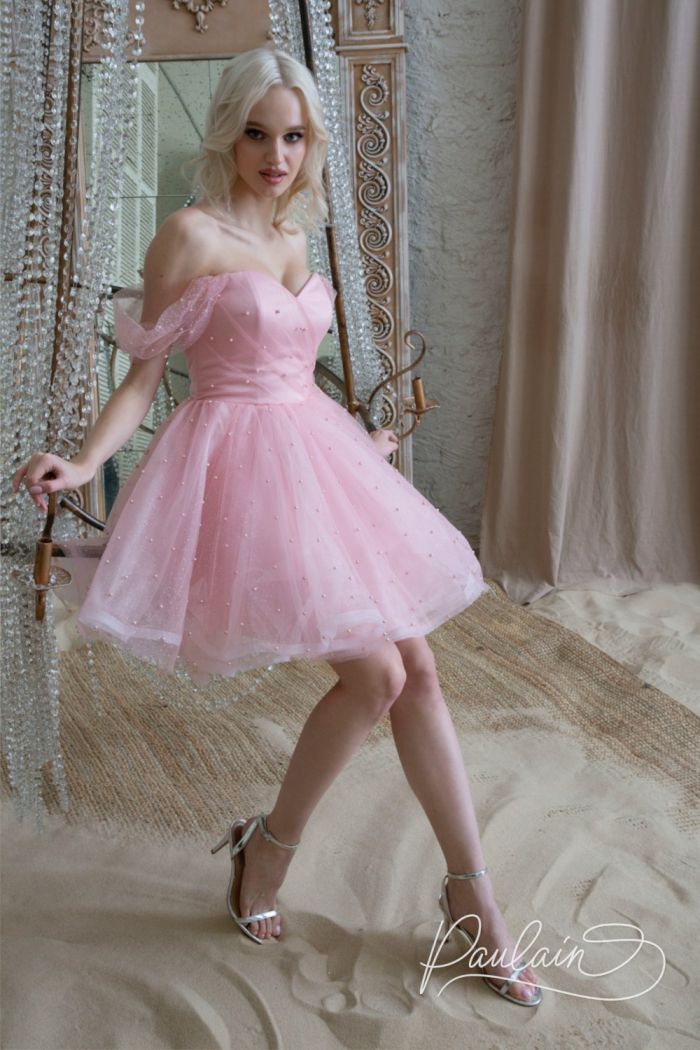 Открытое платье розового цвета с короткой пышной юбкой - РОКСИ
