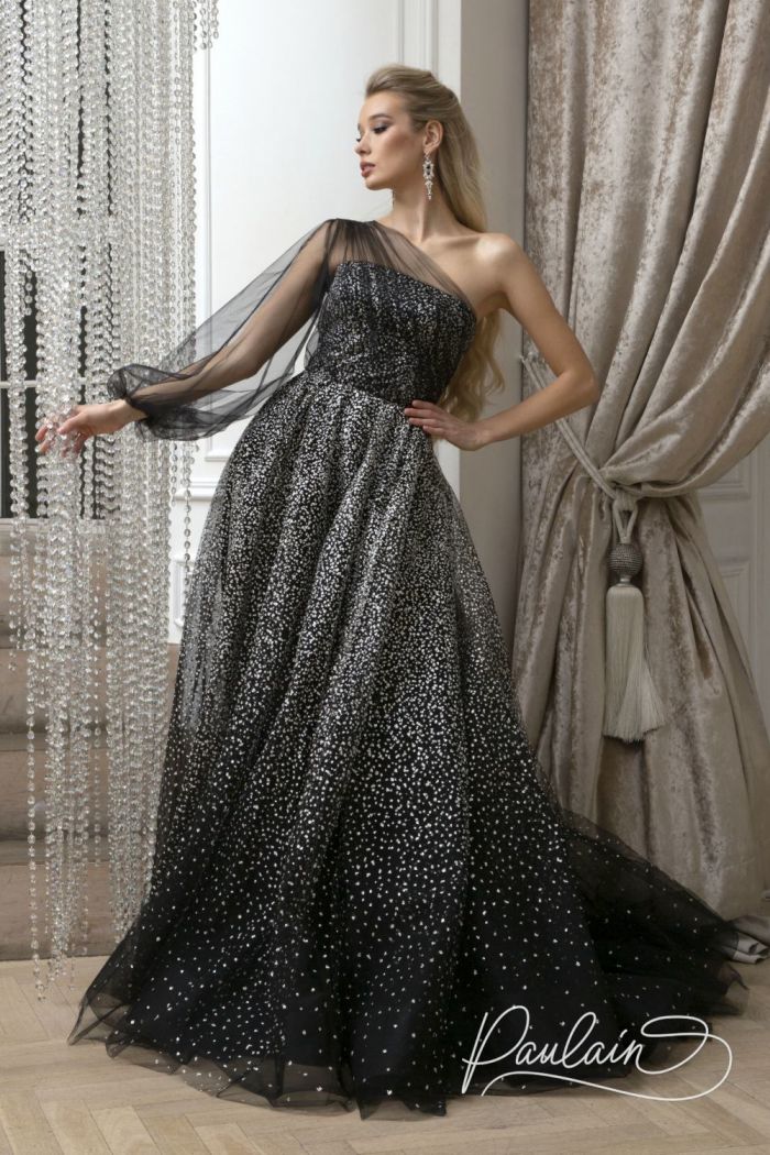 Роскошное вечернее платье со шлейфом, асимметричным рукавом, эффектом омбре ДЕВА