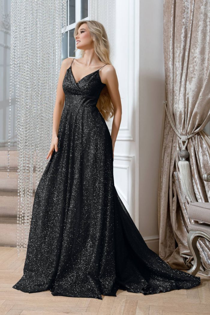 Вечернее блестящее черное платье на бретелях на замке - ЗЕНА