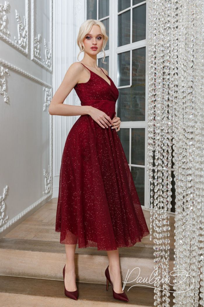 Темно-красное коктейльное платье на бретельках с юбкой длины миди ЗЕНА