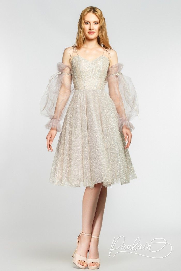 Коктейльное платье с пышной юбкой из блестящей ткани и объемным фатиновым рукавом - АНЖЕЛИКА МИДИ