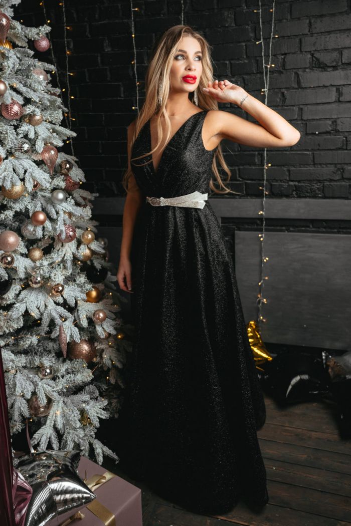 Прекрасное вечернее блестящее платья с глубоким вырезом в пол - МЕЛИСЕНТА Лайт